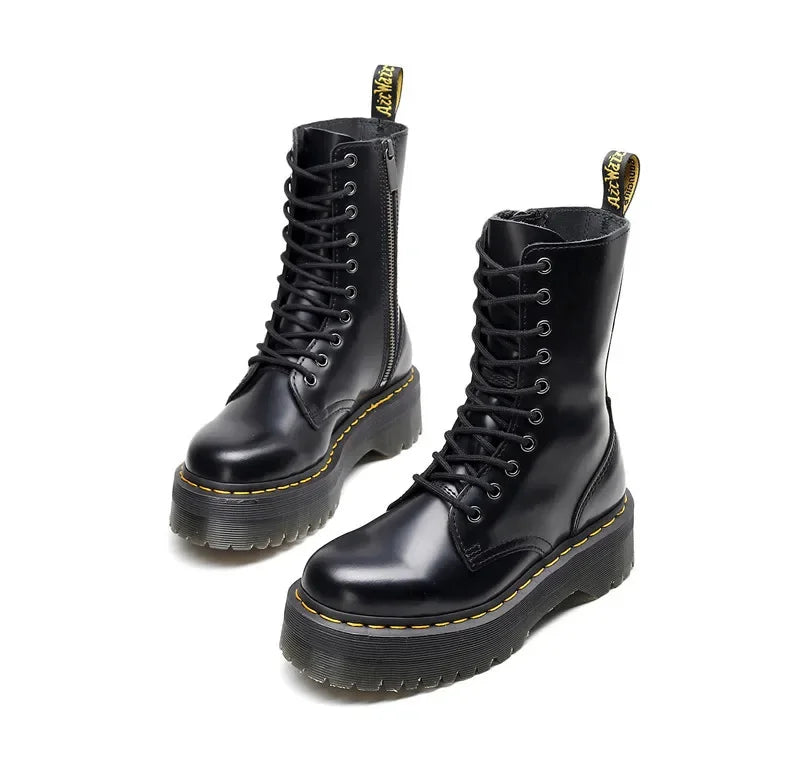 Women's Motorcycle Boots 10 Holes Thick Bottom Side Zipper British Style Long Booties Flatform Work Boots round Toe Mid Heel