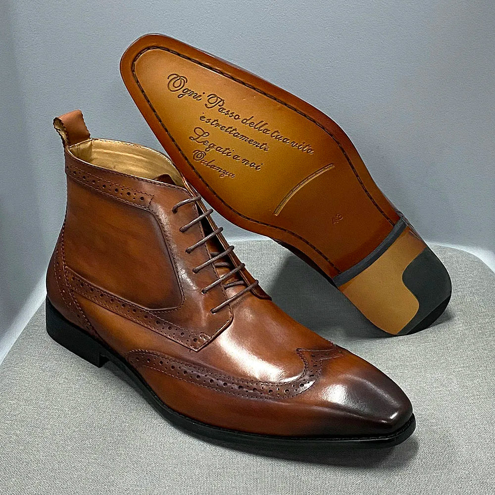 Men's Classic Calfskin Real Leather Cowboy Boots Lace-Up Wingtip Pointed Toe High Cut Formal Derby Shoes