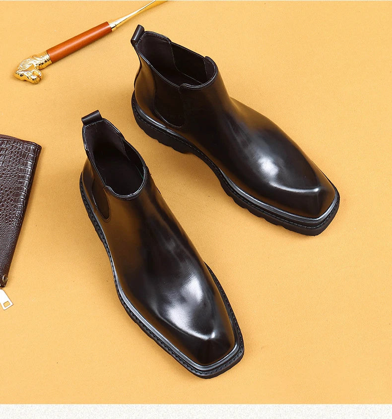 Retro Mens Genuine Leather Boots Luxury Quality Handmade British Trend Platform Ankle Fashion Black Chelsea Business Shoes Man