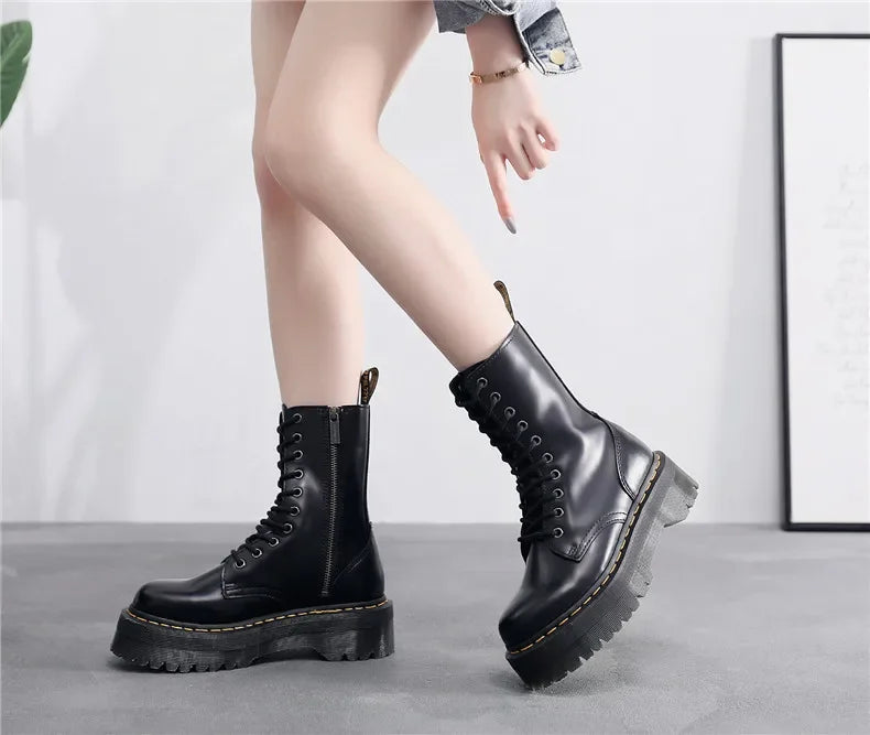 Women's Motorcycle Boots 10 Holes Thick Bottom Side Zipper British Style Long Booties Flatform Work Boots round Toe Mid Heel