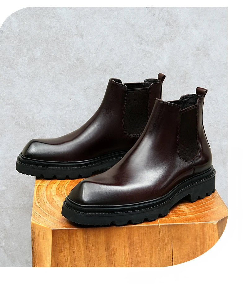 Retro Mens Genuine Leather Boots Luxury Quality Handmade British Trend Platform Ankle Fashion Black Chelsea Business Shoes Man