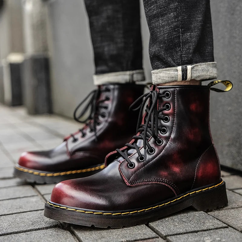 Men's high-top boots, high-quality women's leather shoes, outdoor 8-hole sports shoes, men's lace-up ankle boots, couple 35-48