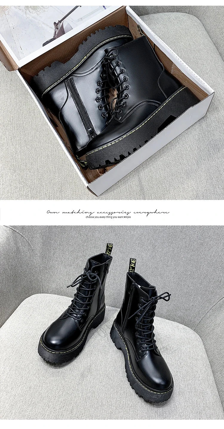 New Mid Calf Boots Women Winter Fashion Lace-up Ladies Chelsea Zipper Botas Mujer Boots Sports Platform Heel Ladies Shoes