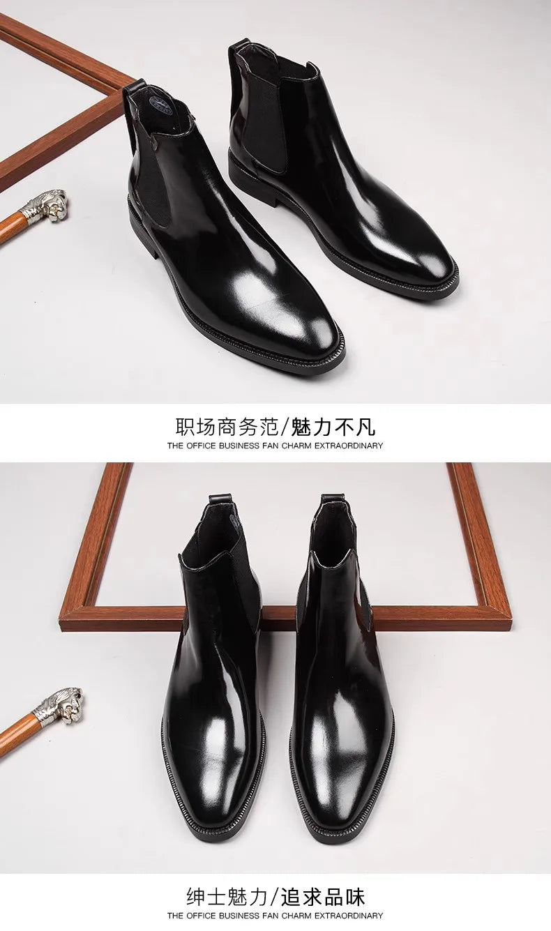 Men's Chelsea boots, glossy leather, high-top shoes, business pointed toe slip-on genuine leather work boots, short leather boot