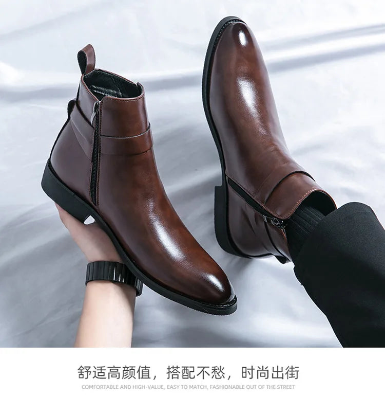 Men's Winter High-top Versatile Chelsea Boots Classic Soft and Comfortable Zippered Shoes Maximum Size 47 Black Leather Shoes