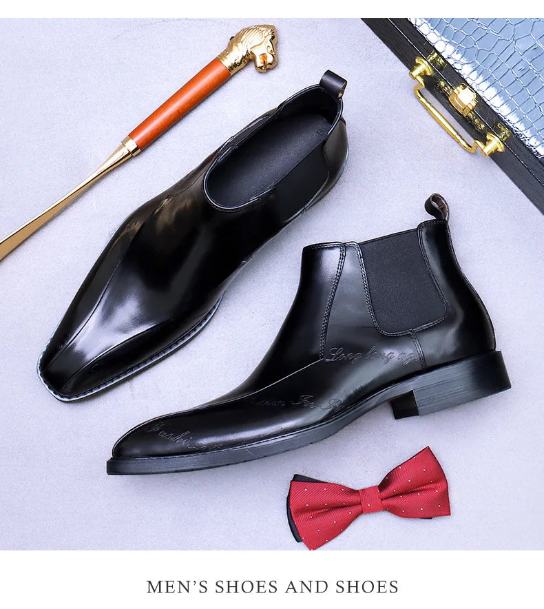 High-Top Men's Chelsea Boots Full Grain Leather British Retro Ankle Boots Business Casual Trendy Men's Shoes