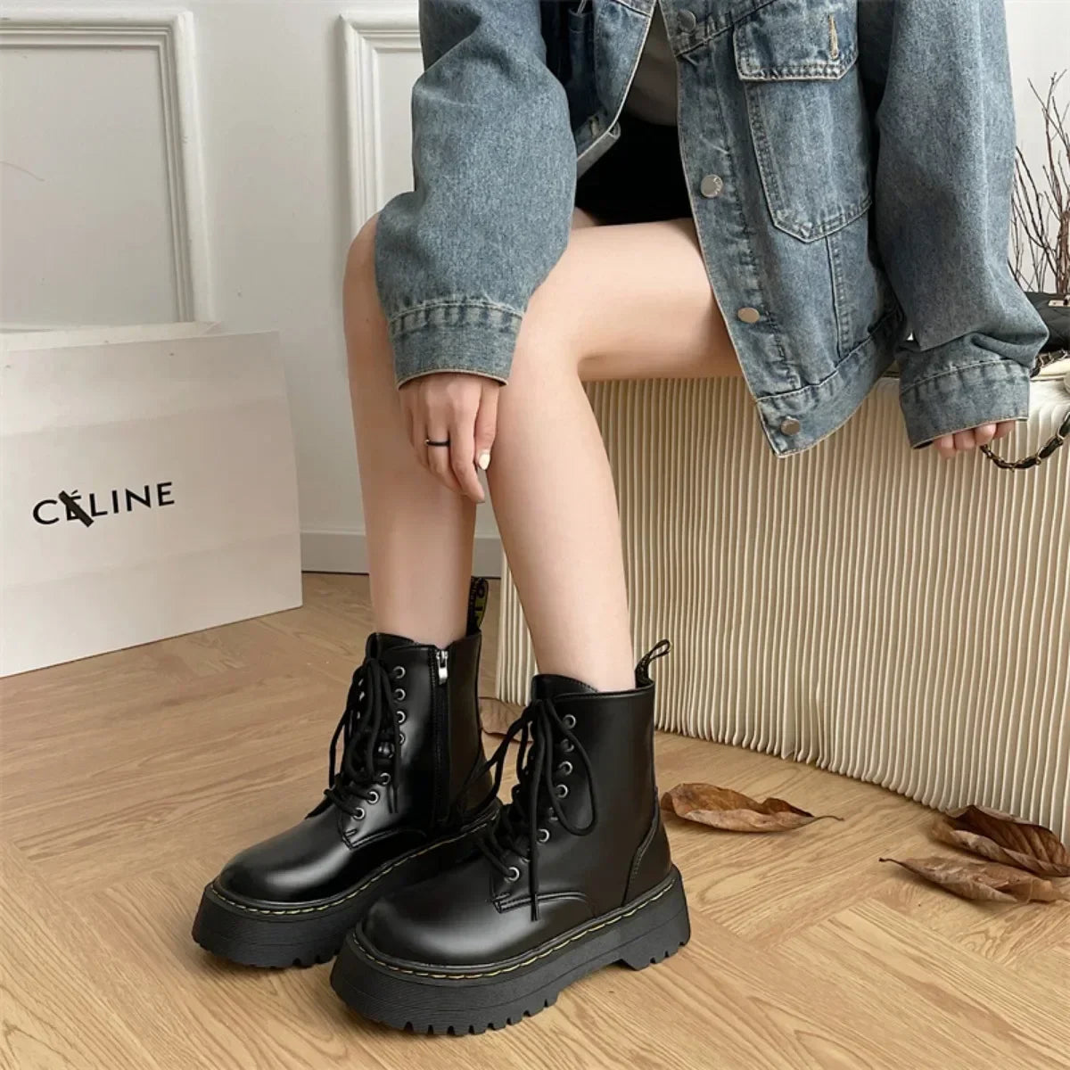 New Women Motorcycle Boots Casual Shoes Woman Leather Minimalist Classic Punk Female Goth Shoes Platform Boots Women Botas Mujer