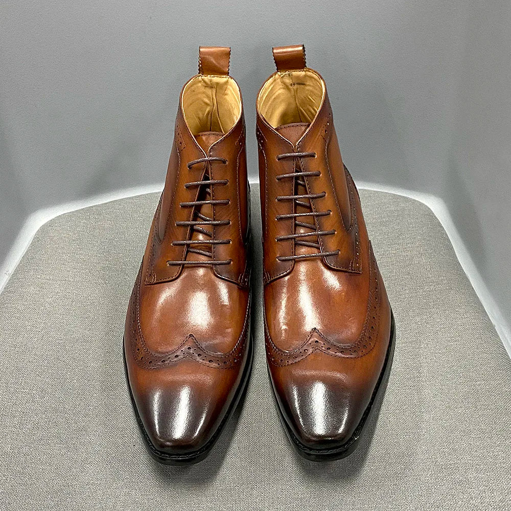 Men's Classic Calfskin Real Leather Cowboy Boots Lace-Up Wingtip Pointed Toe High Cut Formal Derby Shoes