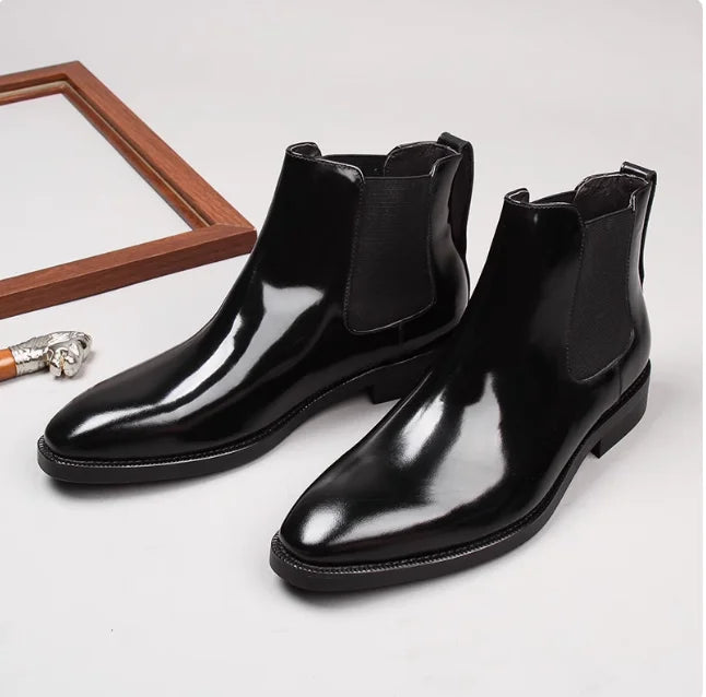 Men's Chelsea boots, glossy leather, high-top shoes, business pointed toe slip-on genuine leather work boots, short leather boot