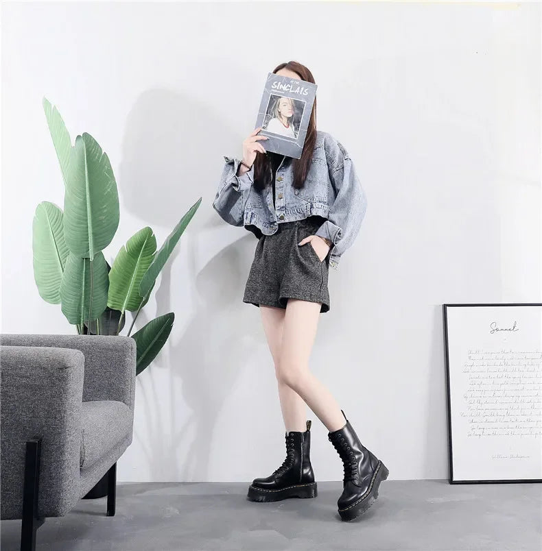 Women's Motorcycle Boots 10 Holes Thick Bottom Side Zipper British Style Long Booties Flatform Work Boots round Toe Mid Heel
