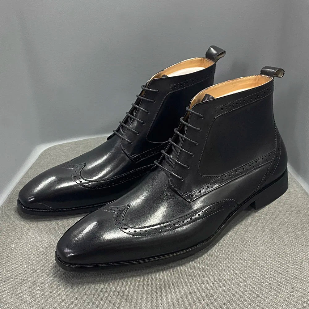Men's Classic Calfskin Real Leather Cowboy Boots Lace-Up Wingtip Pointed Toe High Cut Formal Derby Shoes