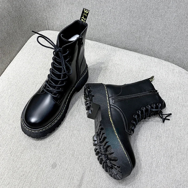 New Mid Calf Boots Women Winter Fashion Lace-up Ladies Chelsea Zipper Botas Mujer Boots Sports Platform Heel Ladies Shoes