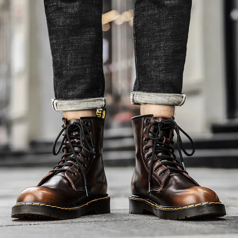 Men's high-top boots, high-quality women's leather shoes, outdoor 8-hole sports shoes, men's lace-up ankle boots, couple 35-48