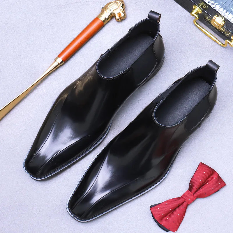 High-Top Men's Chelsea Boots Full Grain Leather British Retro Ankle Boots Business Casual Trendy Men's Shoes