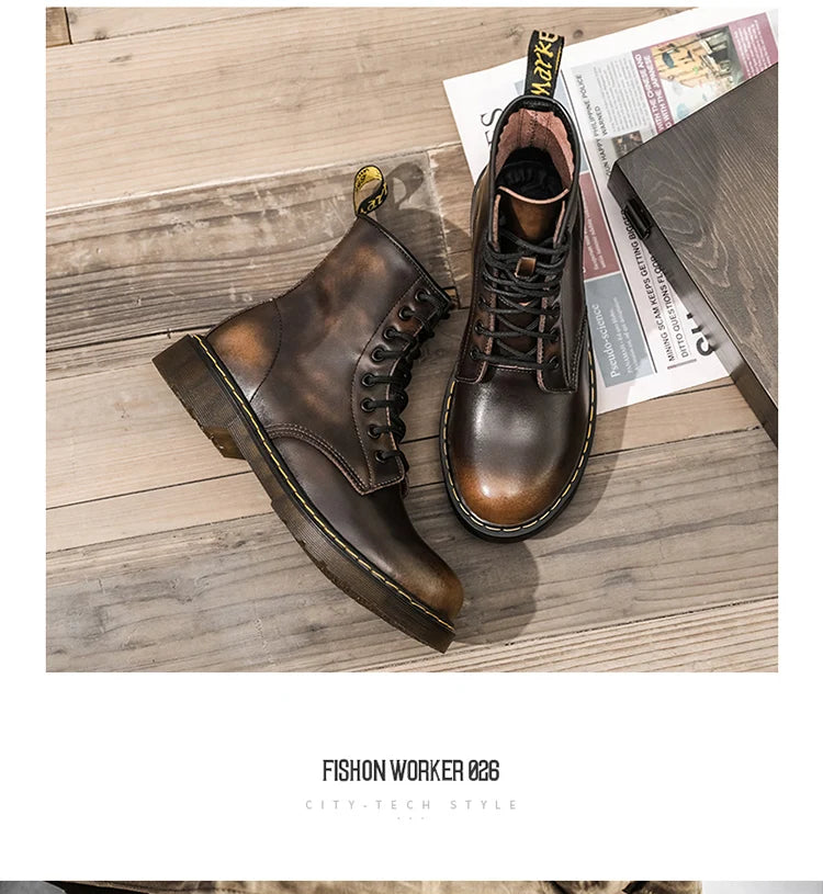 Men's high-top boots, high-quality women's leather shoes, outdoor 8-hole sports shoes, men's lace-up ankle boots, couple 35-48