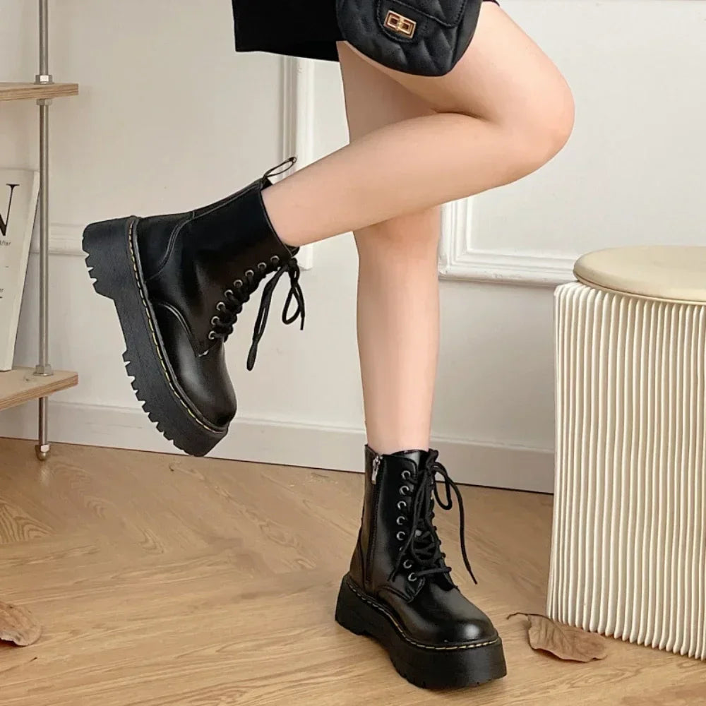 New Women Motorcycle Boots Casual Shoes Woman Leather Minimalist Classic Punk Female Goth Shoes Platform Boots Women Botas Mujer