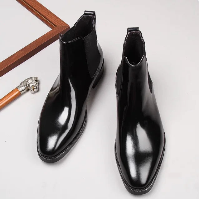 Men's Chelsea boots, glossy leather, high-top shoes, business pointed toe slip-on genuine leather work boots, short leather boot