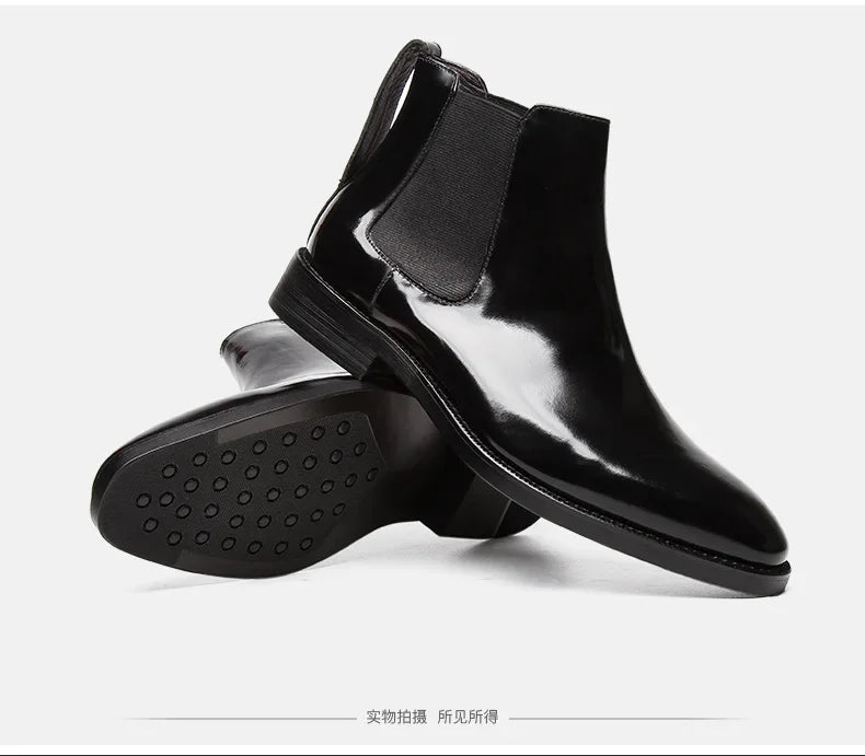 Men's Chelsea boots, glossy leather, high-top shoes, business pointed toe slip-on genuine leather work boots, short leather boot