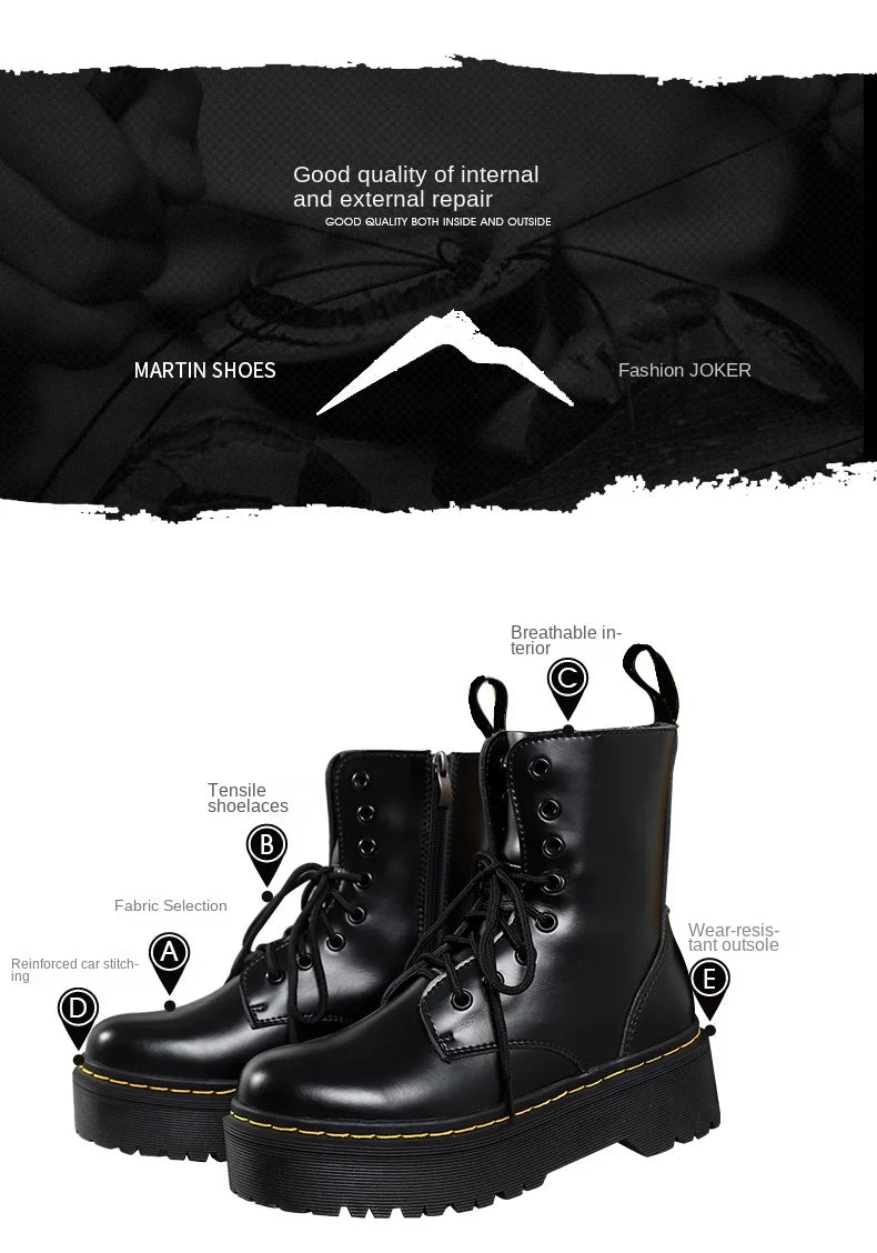 British Punk Style 8-Hole Motorcycle Boots: 2-Way Wear Chunky Platform with Front Zipper - Fashion Unisex All-Season Boots for
