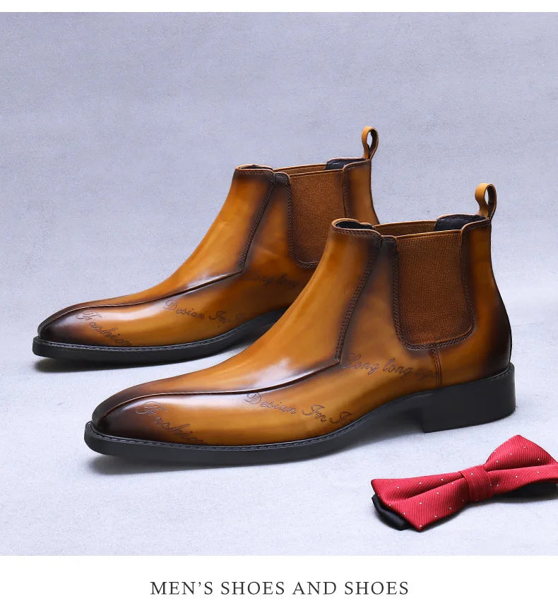 High-Top Men's Chelsea Boots Full Grain Leather British Retro Ankle Boots Business Casual Trendy Men's Shoes