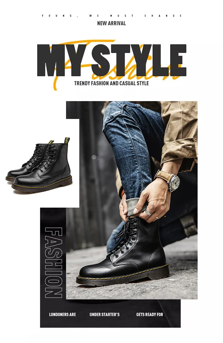 Men's high-top boots, high-quality women's leather shoes, outdoor 8-hole sports shoes, men's lace-up ankle boots, couple 35-48