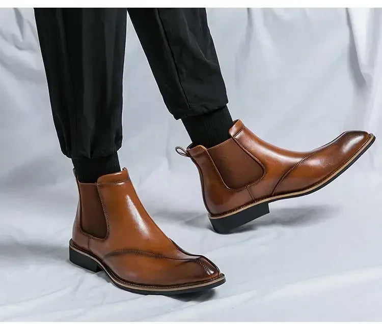 New Brown Chelsea Boots for Men Ankle Business Square Toe Slip-On Mens Boots  Size 38-45