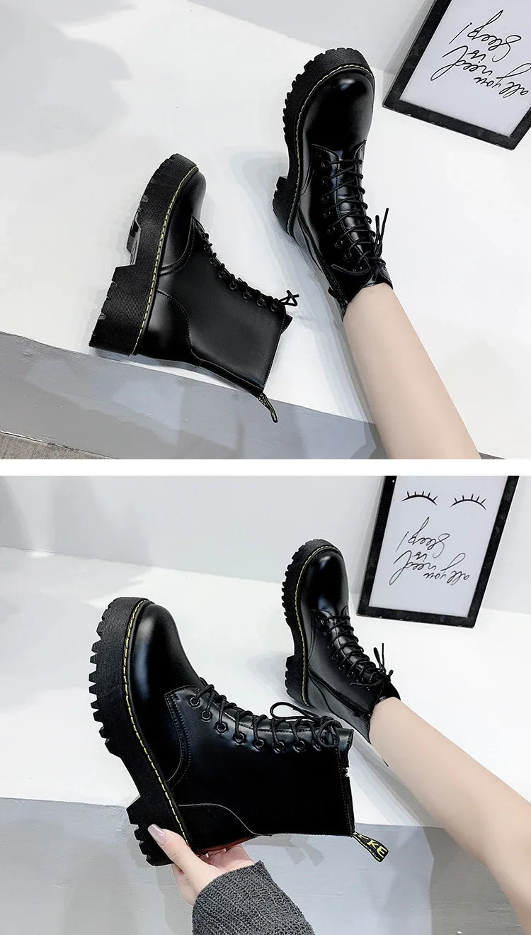 New Mid Calf Boots Women Winter Fashion Lace-up Ladies Chelsea Zipper Botas Mujer Boots Sports Platform Heel Ladies Shoes