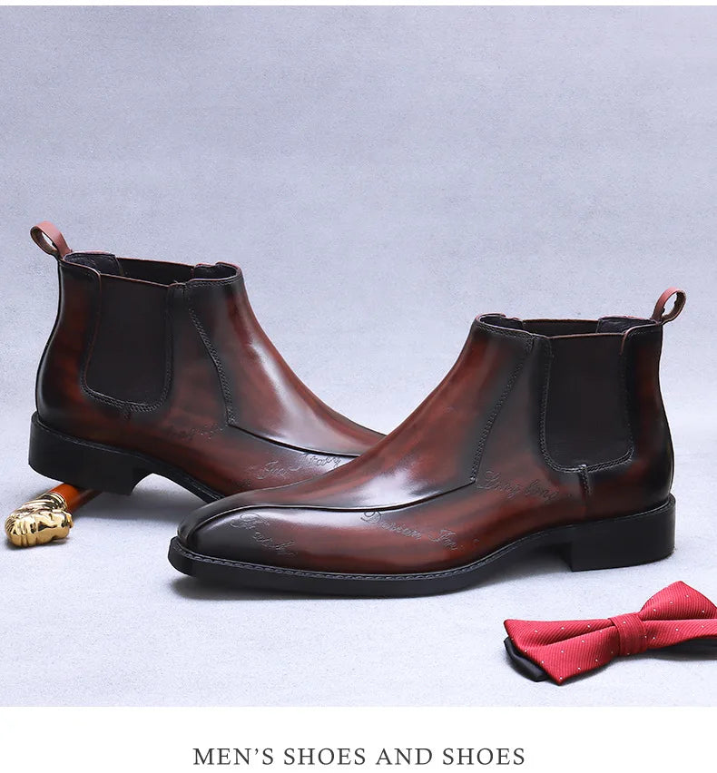 High-Top Men's Chelsea Boots Full Grain Leather British Retro Ankle Boots Business Casual Trendy Men's Shoes