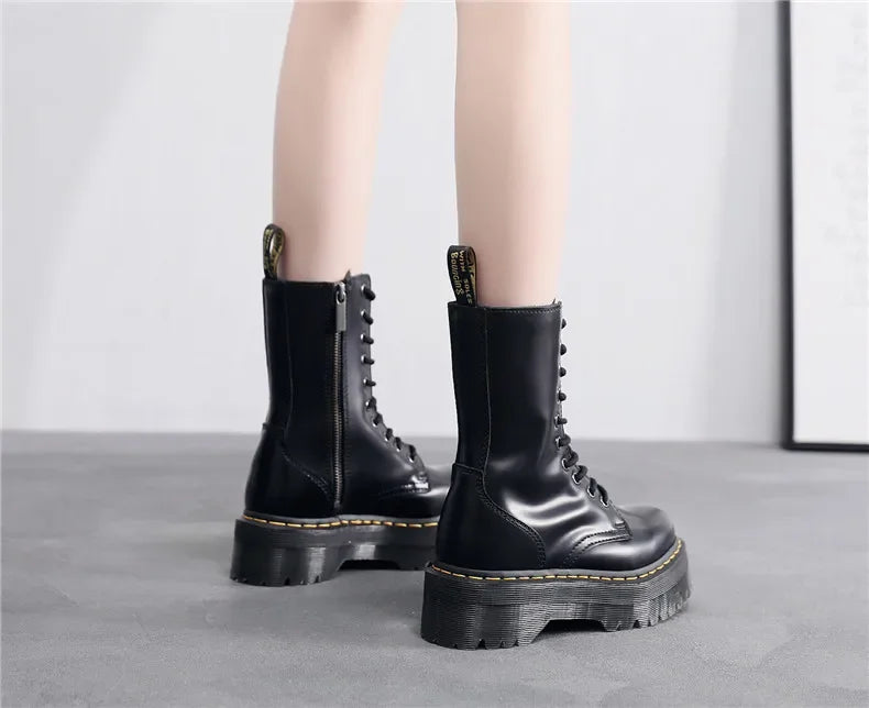 Women's Motorcycle Boots 10 Holes Thick Bottom Side Zipper British Style Long Booties Flatform Work Boots round Toe Mid Heel