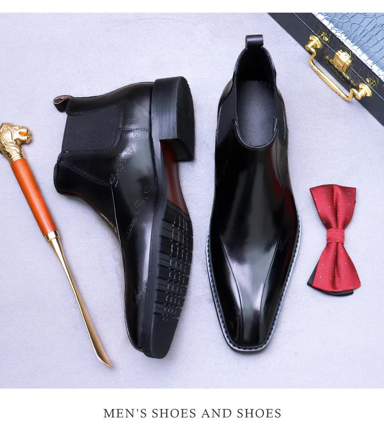 High-Top Men's Chelsea Boots Full Grain Leather British Retro Ankle Boots Business Casual Trendy Men's Shoes