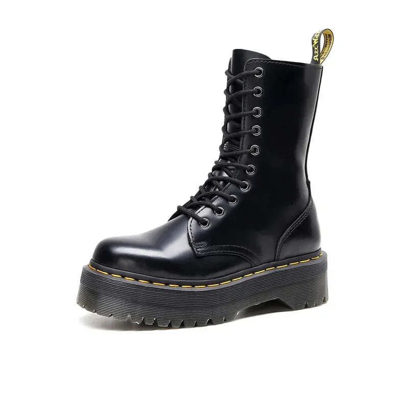 Women's Motorcycle Boots 10 Holes Thick Bottom Side Zipper British Style Long Booties Flatform Work Boots round Toe Mid Heel