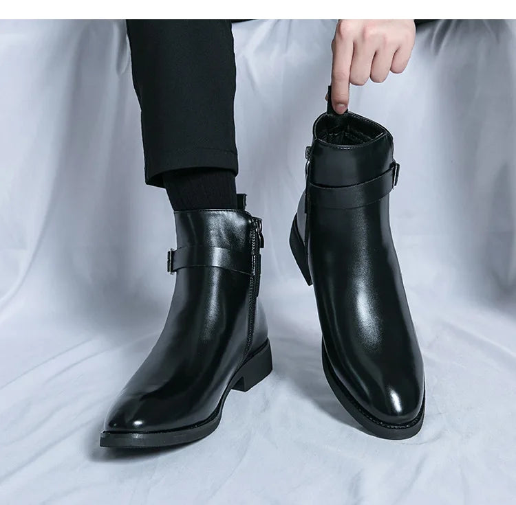 Men's Winter High-top Versatile Chelsea Boots Classic Soft and Comfortable Zippered Shoes Maximum Size 47 Black Leather Shoes