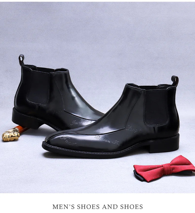 High-Top Men's Chelsea Boots Full Grain Leather British Retro Ankle Boots Business Casual Trendy Men's Shoes