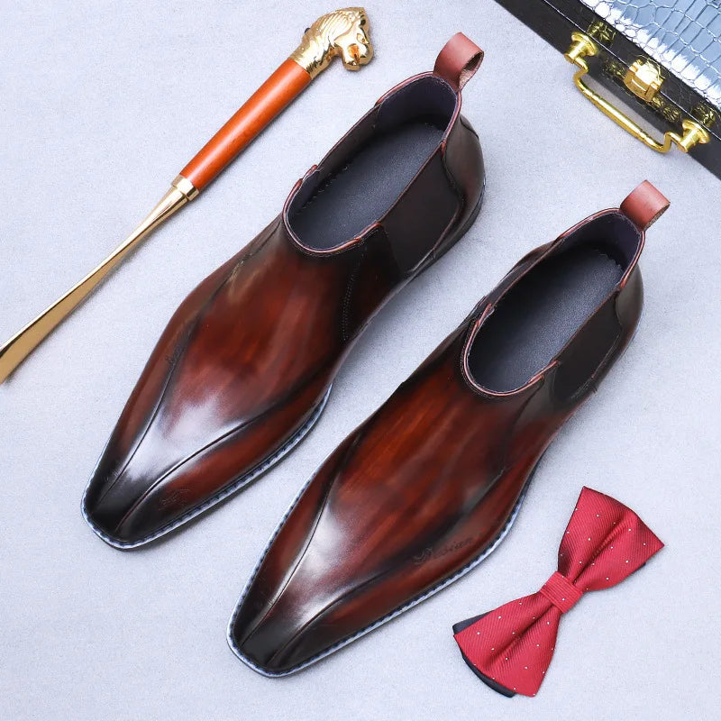 High-Top Men's Chelsea Boots Full Grain Leather British Retro Ankle Boots Business Casual Trendy Men's Shoes