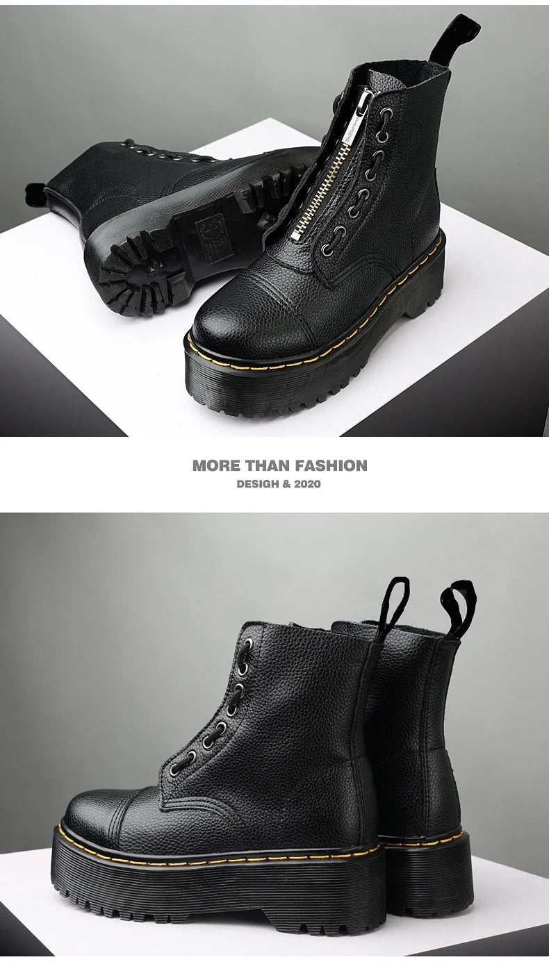 British Punk Style 8-Hole Motorcycle Boots: 2-Way Wear Chunky Platform with Front Zipper - Fashion Unisex All-Season Boots for