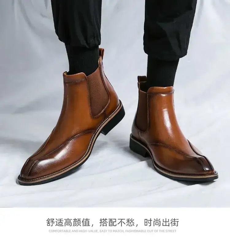 New Brown Chelsea Boots for Men Ankle Business Square Toe Slip-On Mens Boots  Size 38-45