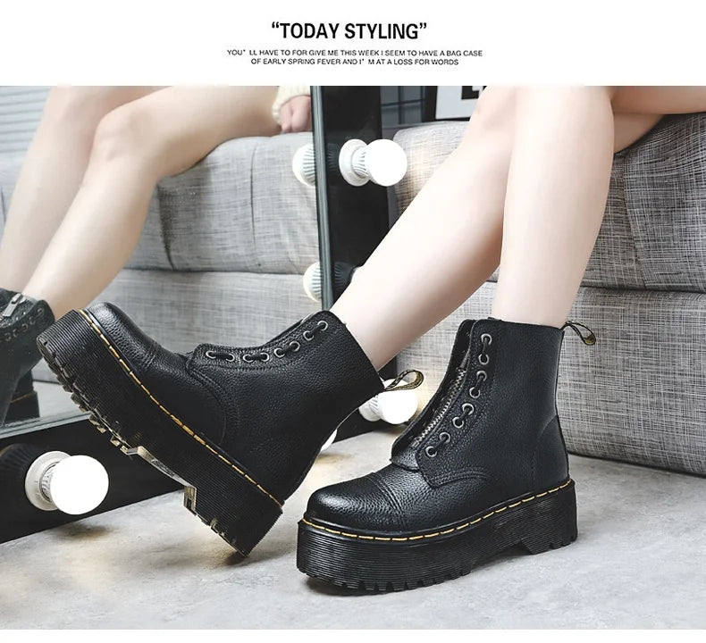British Punk Style 8-Hole Motorcycle Boots: 2-Way Wear Chunky Platform with Front Zipper - Fashion Unisex All-Season Boots for