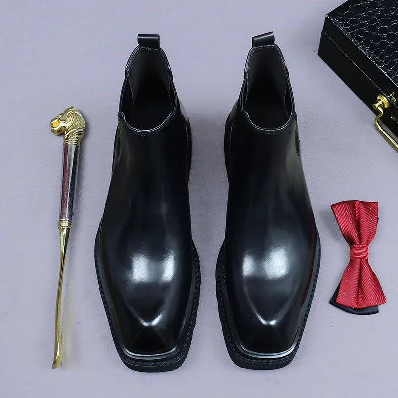 Retro Mens Genuine Leather Boots Luxury Quality Handmade British Trend Platform Ankle Fashion Black Chelsea Business Shoes Man