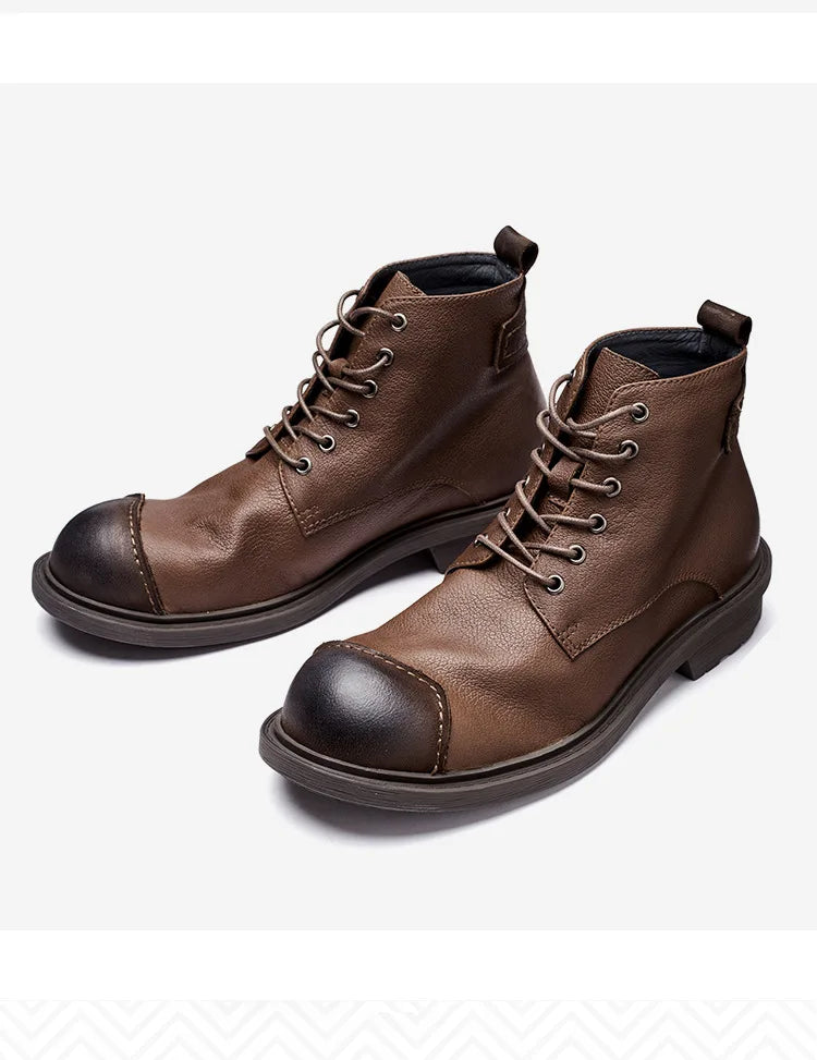 Vintage Business Mens Boots Luxury Genuine Cow Leather Spring Work Shoes 2025 New Style Full Grain Leather Round Toe Ankle Boots