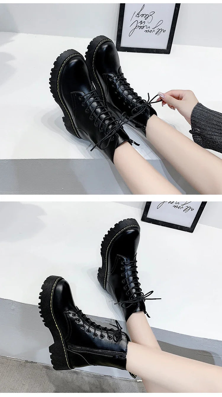 New Mid Calf Boots Women Winter Fashion Lace-up Ladies Chelsea Zipper Botas Mujer Boots Sports Platform Heel Ladies Shoes