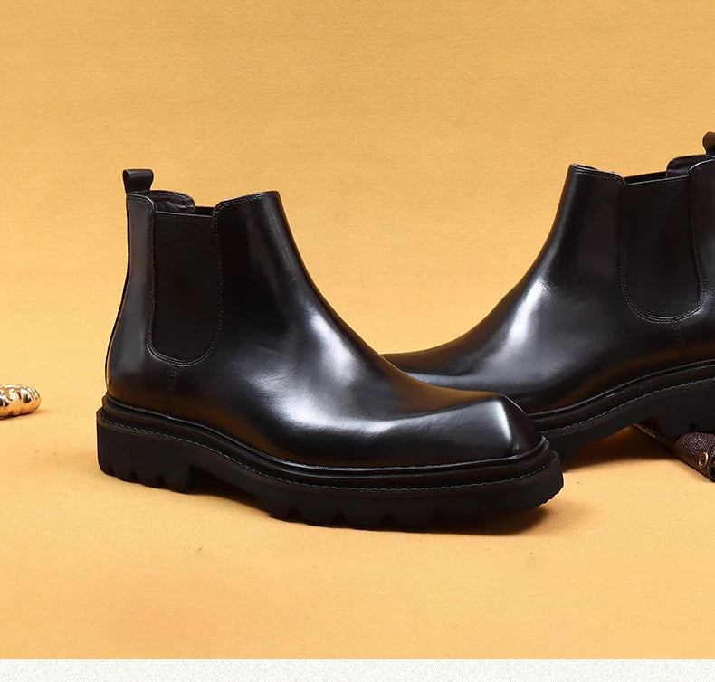 Retro Mens Genuine Leather Boots Luxury Quality Handmade British Trend Platform Ankle Fashion Black Chelsea Business Shoes Man