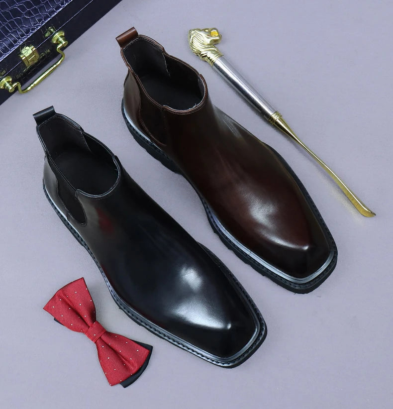Retro Mens Genuine Leather Boots Luxury Quality Handmade British Trend Platform Ankle Fashion Black Chelsea Business Shoes Man
