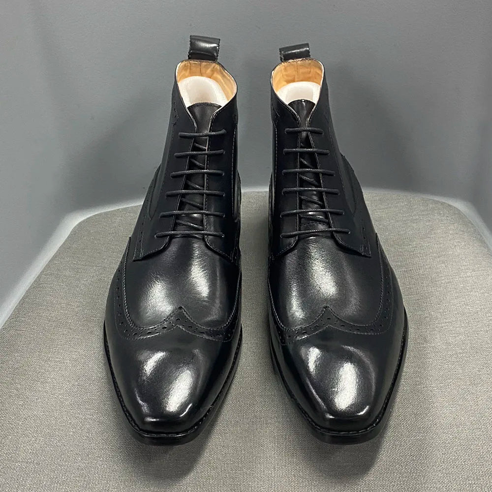 Men's Classic Calfskin Real Leather Cowboy Boots Lace-Up Wingtip Pointed Toe High Cut Formal Derby Shoes