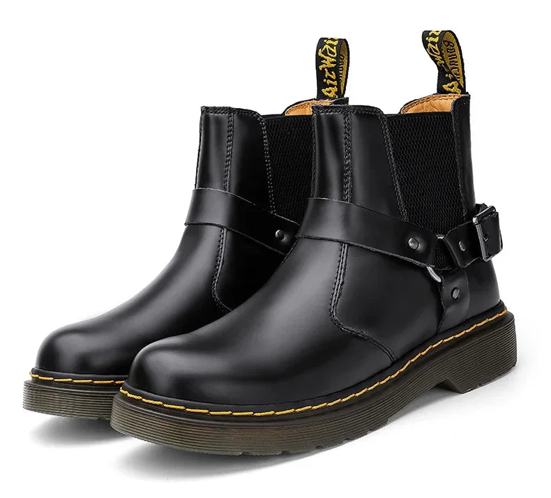 Leather Chelsea Boots Unisex round Toe Biker Style Short Boots Couples Matching Flat Bottom Rubber Sole Spring Autumn Wear