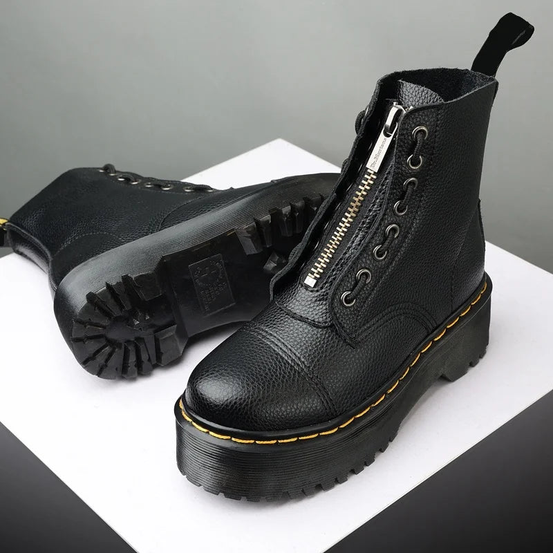 British Punk Style 8-Hole Motorcycle Boots: 2-Way Wear Chunky Platform with Front Zipper - Fashion Unisex All-Season Boots for