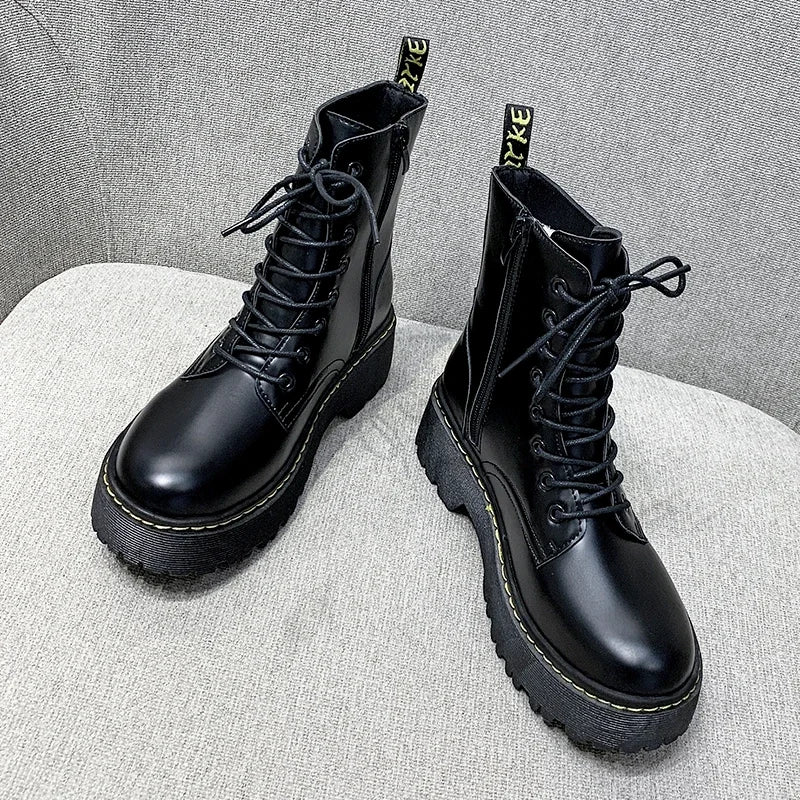 New Mid Calf Boots Women Winter Fashion Lace-up Ladies Chelsea Zipper Botas Mujer Boots Sports Platform Heel Ladies Shoes
