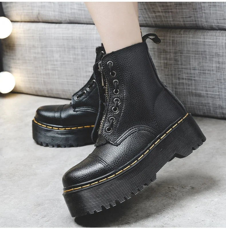British Punk Style 8-Hole Motorcycle Boots: 2-Way Wear Chunky Platform with Front Zipper - Fashion Unisex All-Season Boots for
