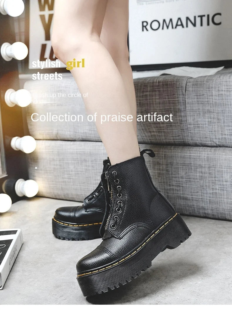 British Punk Style 8-Hole Motorcycle Boots: 2-Way Wear Chunky Platform with Front Zipper - Fashion Unisex All-Season Boots for