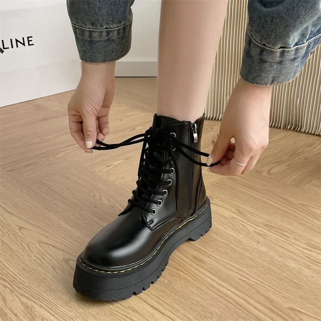 New Women Motorcycle Boots Casual Shoes Woman Leather Minimalist Classic Punk Female Goth Shoes Platform Boots Women Botas Mujer