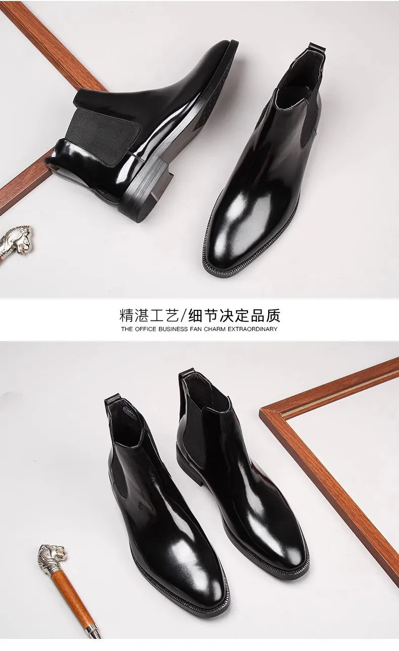 Men's Chelsea boots, glossy leather, high-top shoes, business pointed toe slip-on genuine leather work boots, short leather boot